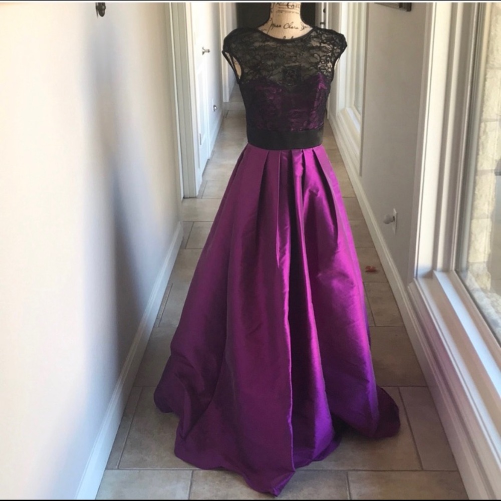 Theia bright purple dress with black lace